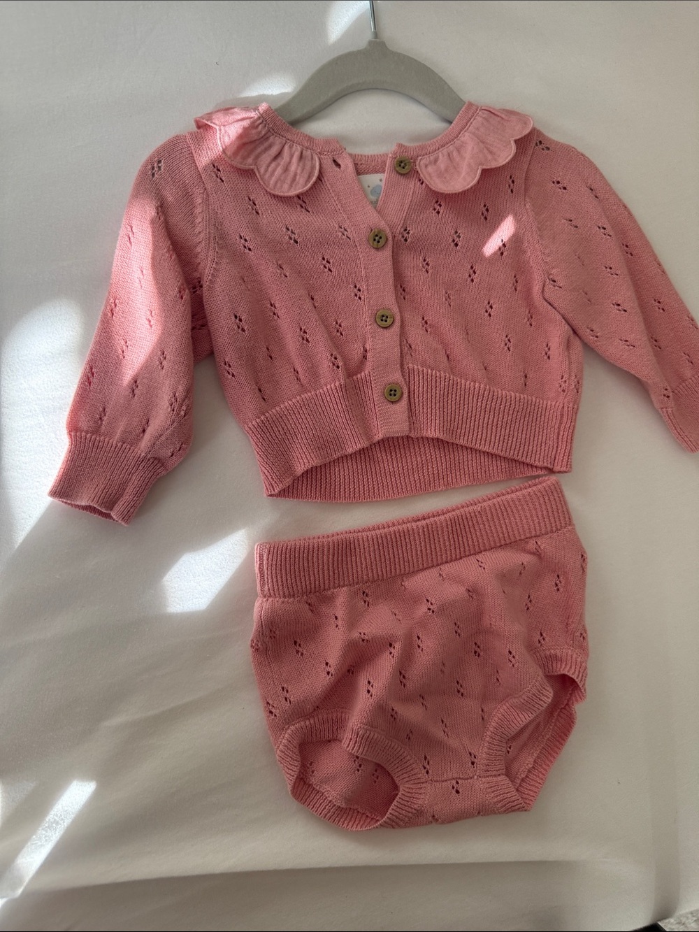 Pink Knit Baby Cardigan & Bloomers Set - Soft Scalloped Collar Newborn Baby Girl